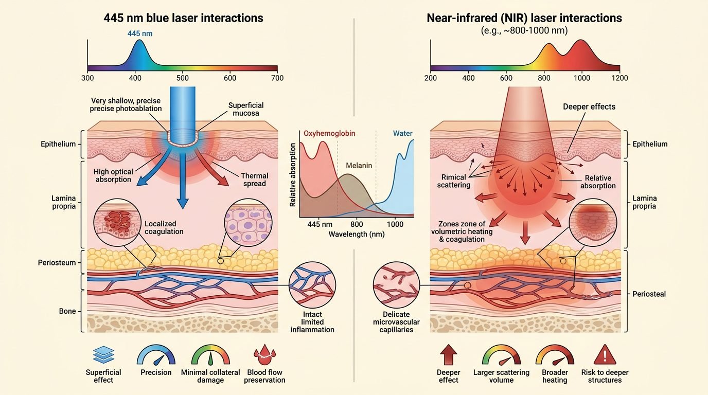 Biophysical Mechanics and Microvascular Preservation of 445 nm Blue Laser in Peri-Implant De-epithelialization