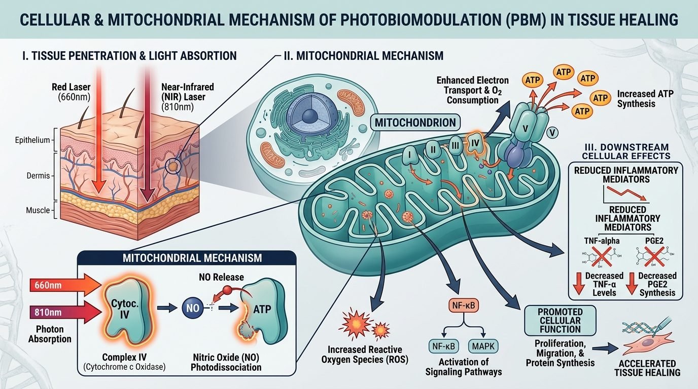 Mecanismo celular e mitocondrial da fotobiomodulação na reparação tecidual