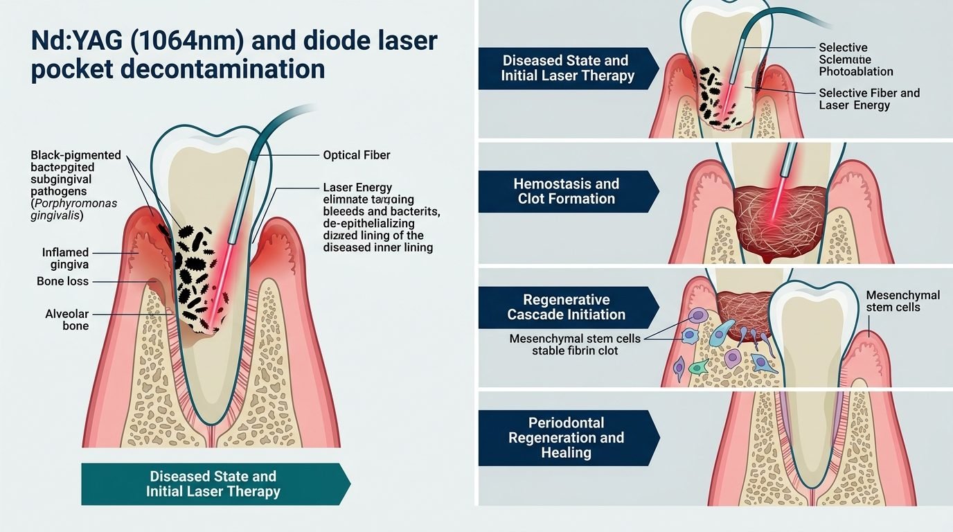 Protocolo LANAP e estágios de regeneração periodontal com laser Nd:YAG