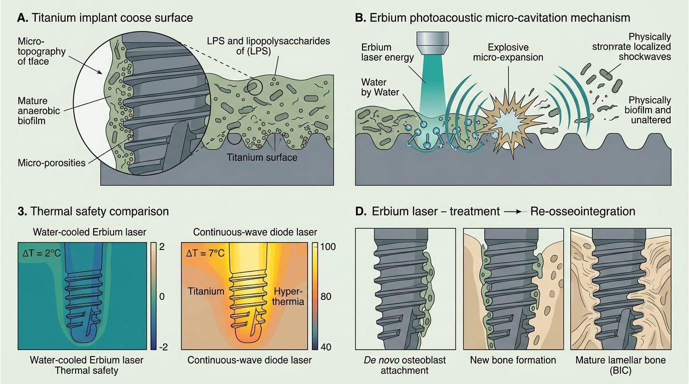 Mecanismos de descontaminacao fotoacustica por laser de erbio e reosseointegração