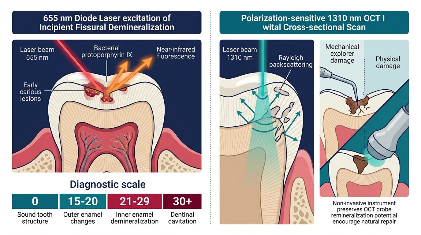 Diagnostico biofotonico de desmineralizacao precoce com fluorescencia a laser e tomografia coerencia optica