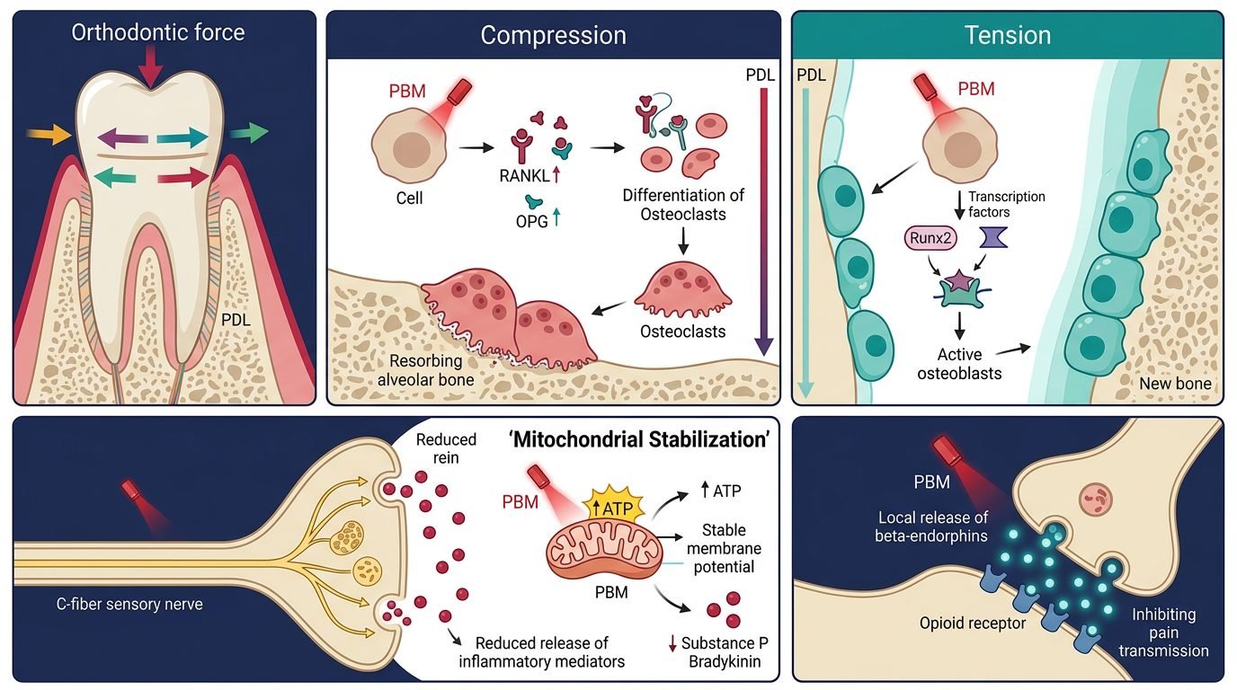 Photobiomodulation cellular mechanisms in accelerated orthodontic tooth movement and periodontal analgesia