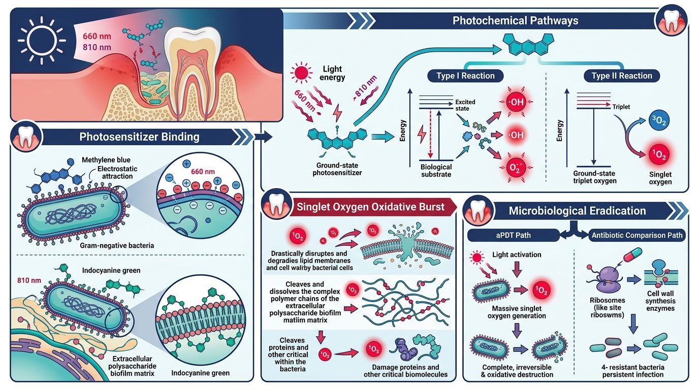 Antimicrobial photodynamic therapy photochemical pathways and singlet oxygen biofilm destruction