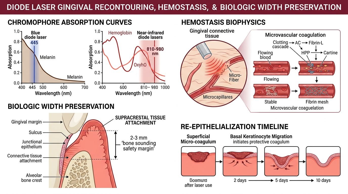 Diode laser gingival recontouring, hemostasis biophysics and supracrestal biologic width preservation