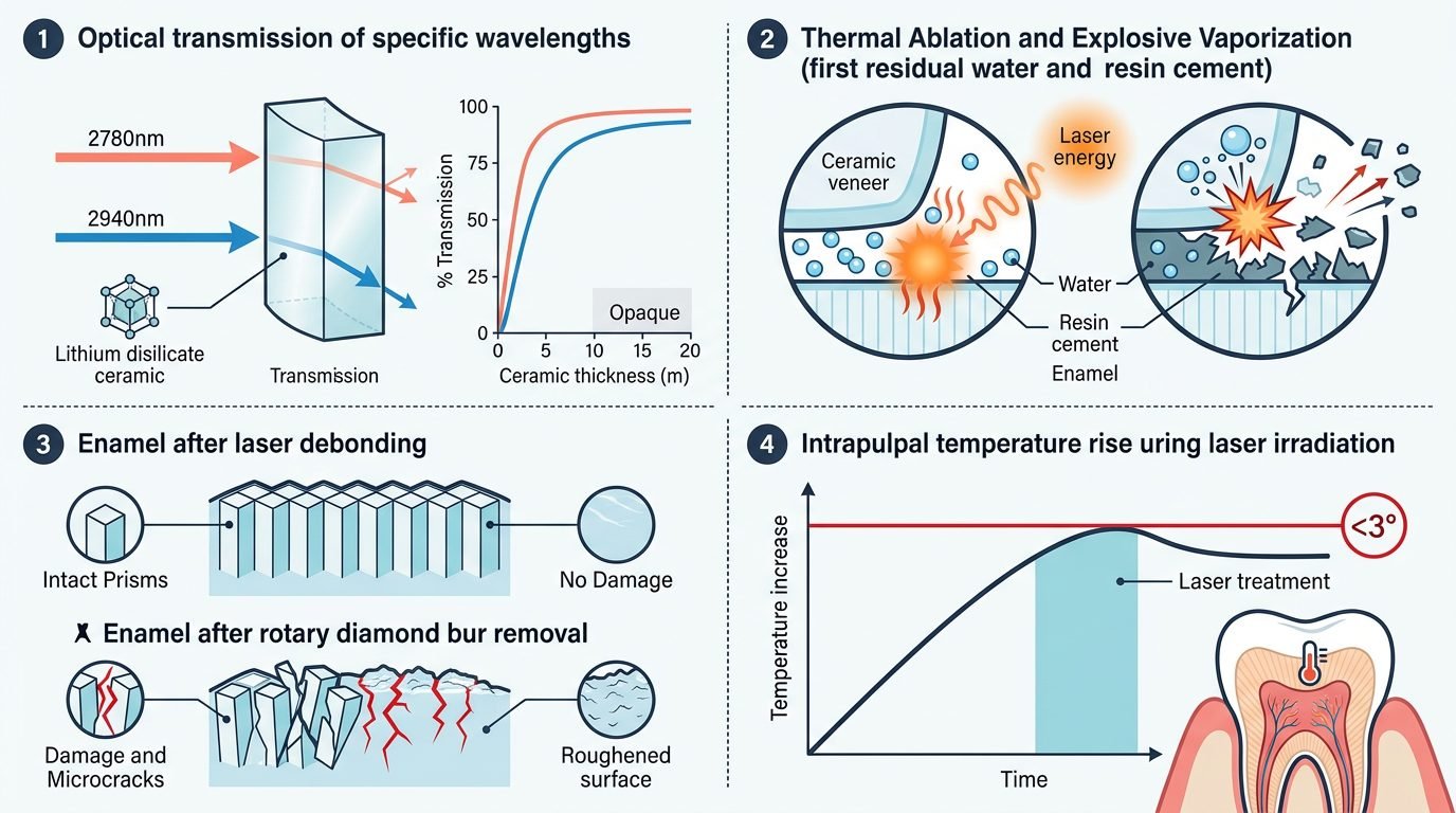 Erbium laser transmission, resin cement ablation, enamel preservation and pulpal safety