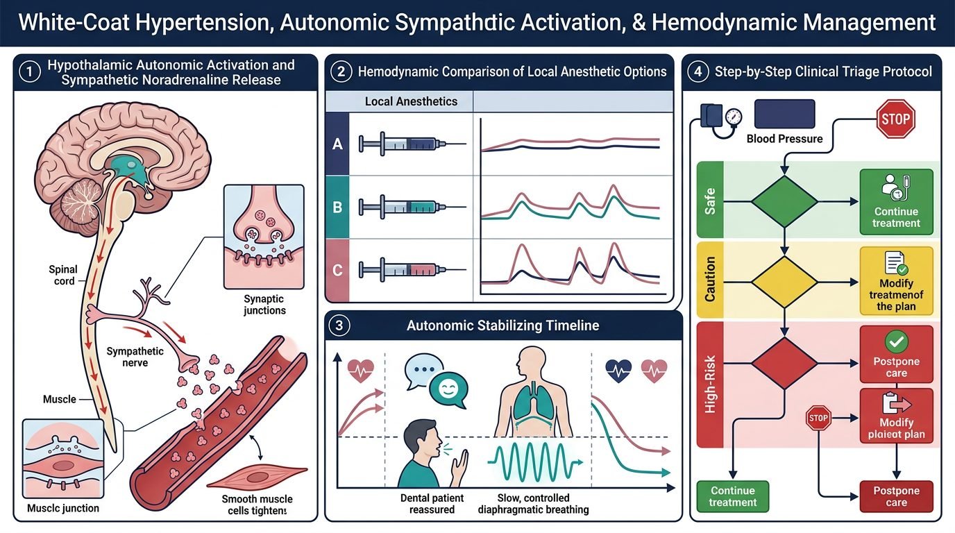 White-coat hypertension, autonomic sympathetic vasoconstriction, anesthetic selection, and calming timeline