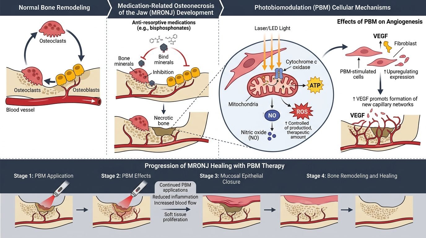 Fisiopatologia da MRONJ, fotobiomodulacao mitocondrial, angiogenese por VEGF e cicatrizacao mucosa