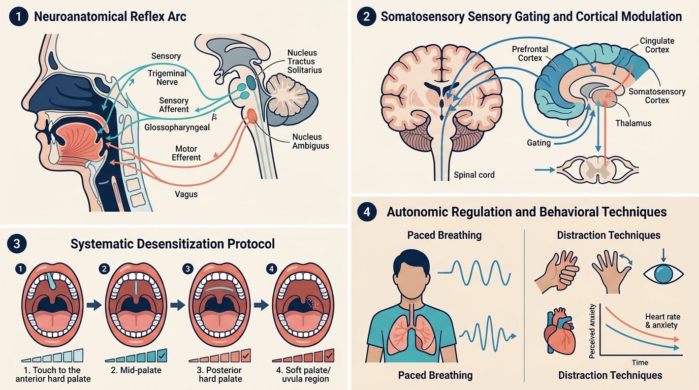 Neuroanatomy of the gag reflex arc, sensory gating, systematic desensitization, and autonomic breathing