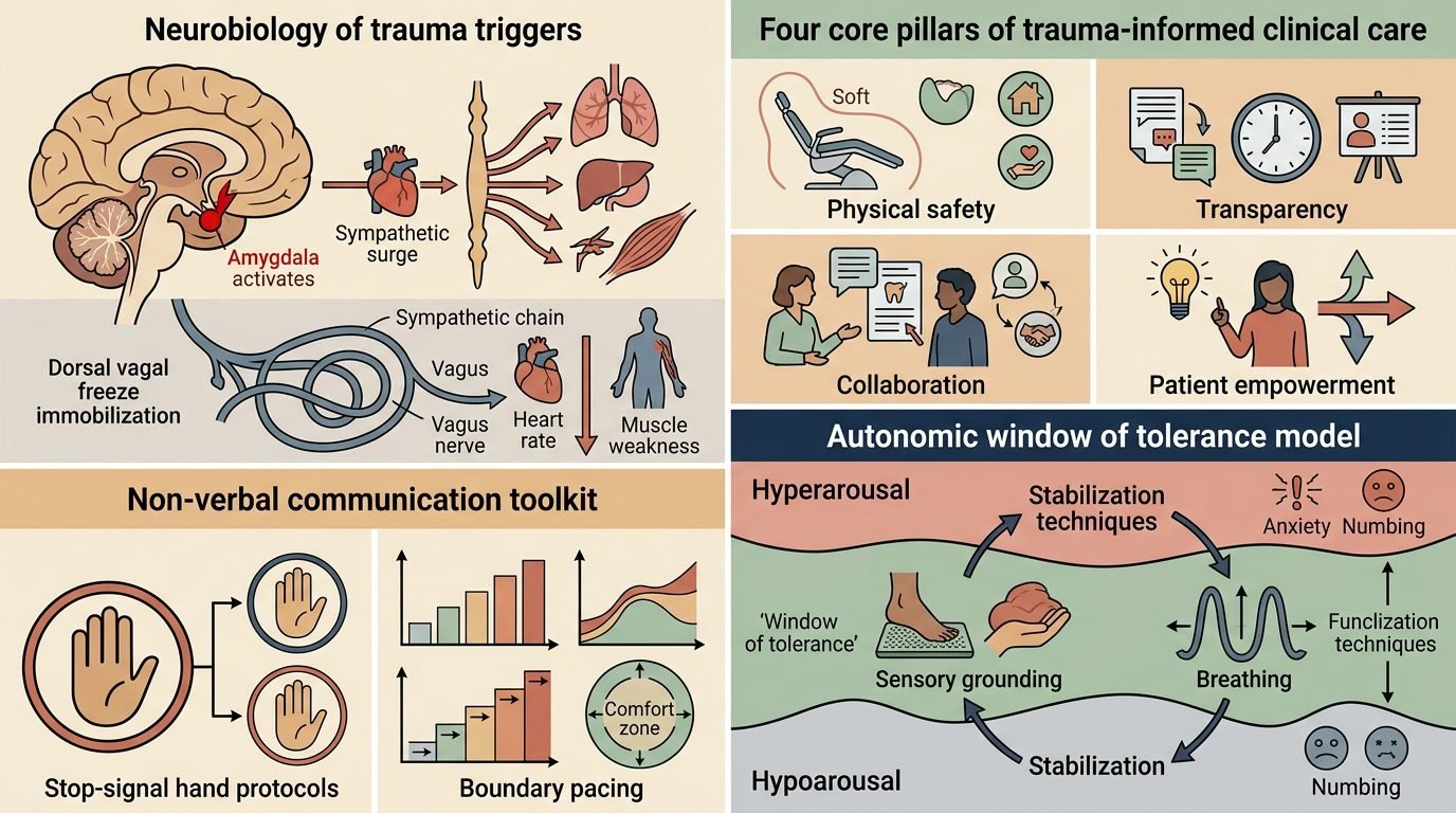 Trauma-informed care pillars, polyvagal autonomic triggers, stop-signal empowerment, and window of tolerance