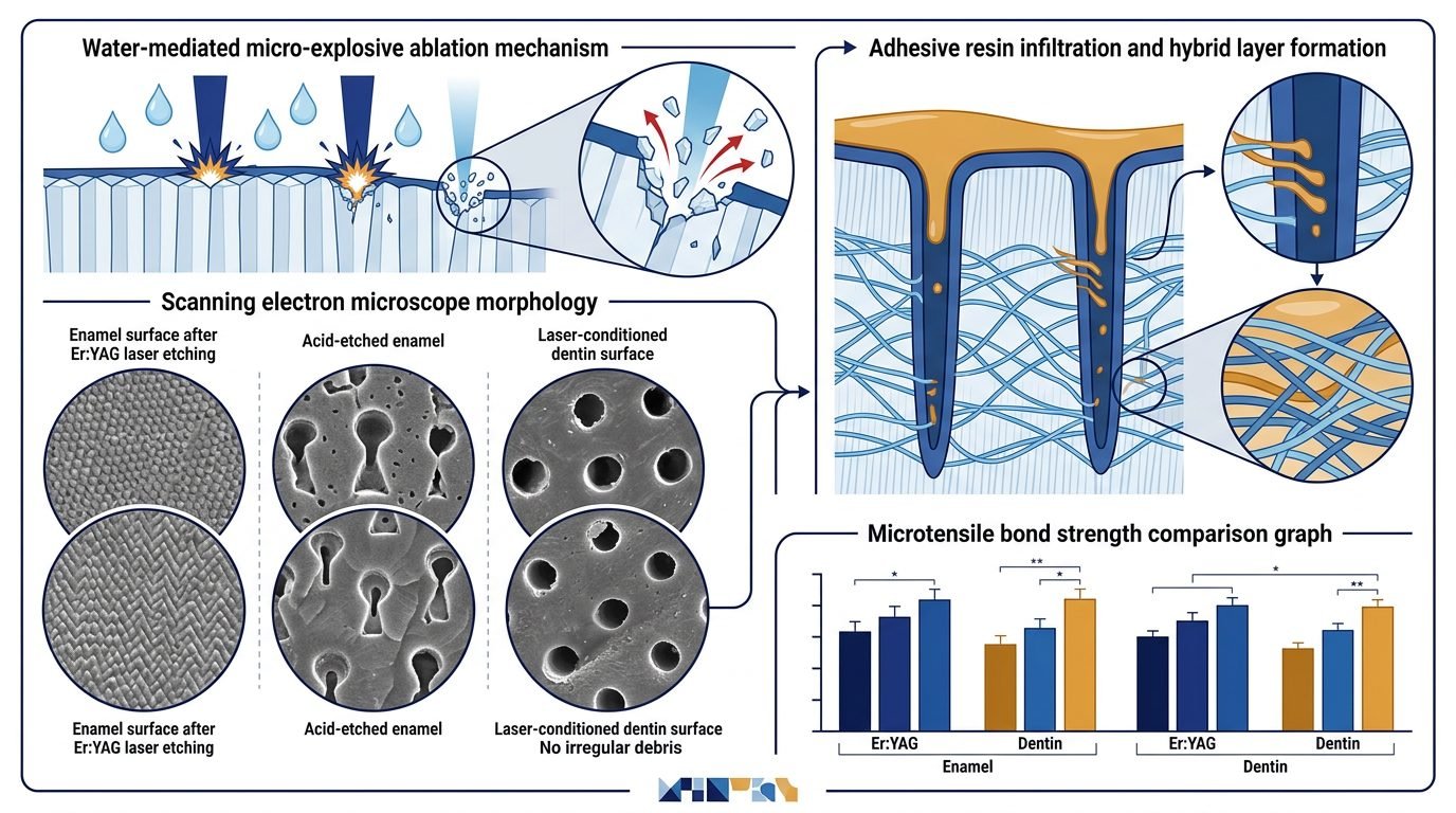 Erbium micro-explosive ablation, SEM patent dentinal tubules, resin hybrid layer, and microtensile bond strength
