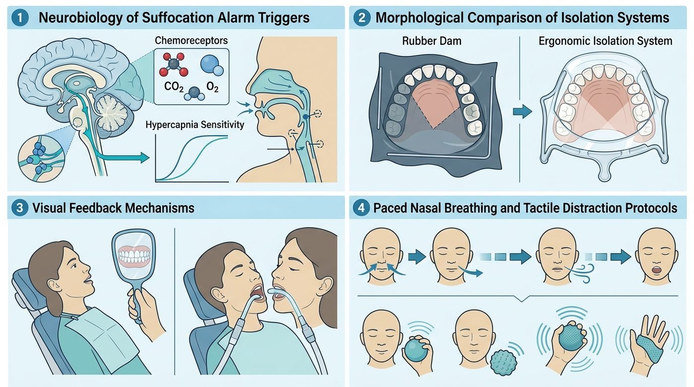 Oral confinement suffocation alarm, rubber dam claustrophobia, open-frame isolation, and nasal breathing