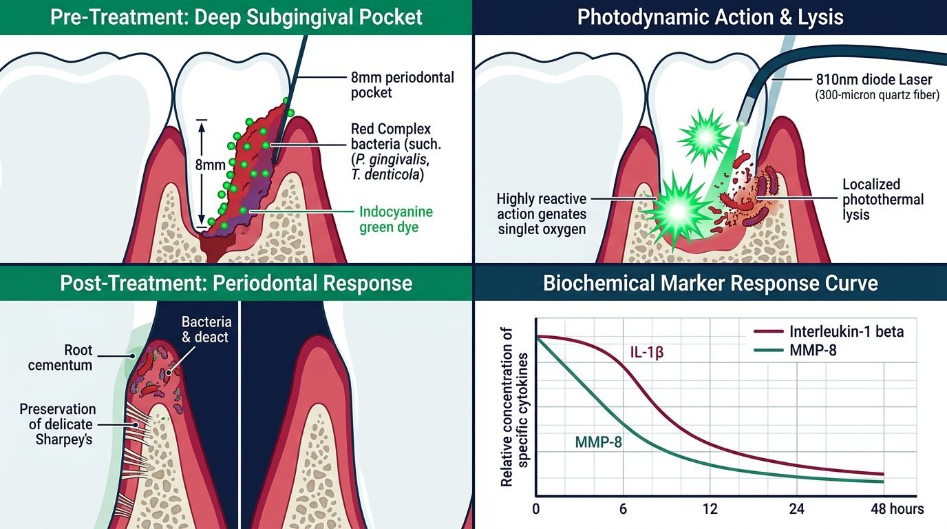 Indocyanine green photodynamic therapy, biofilm disruption, singlet oxygen generation, and cementum preservation
