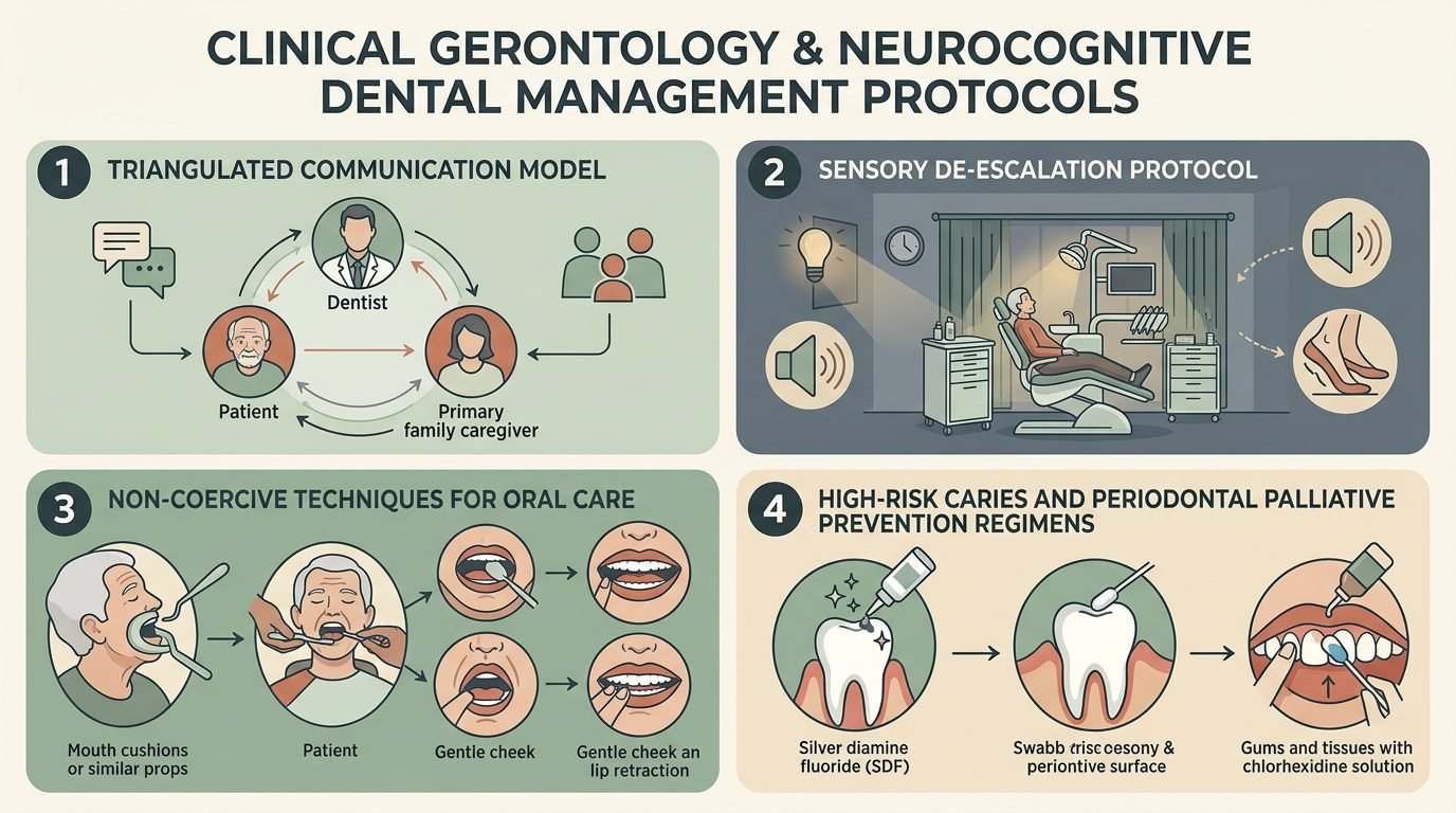 Protocolos de atendimento neurocognitivo geriatrico, triangulacao com cuidadores, simplificacao sensorial e higiene paliativa