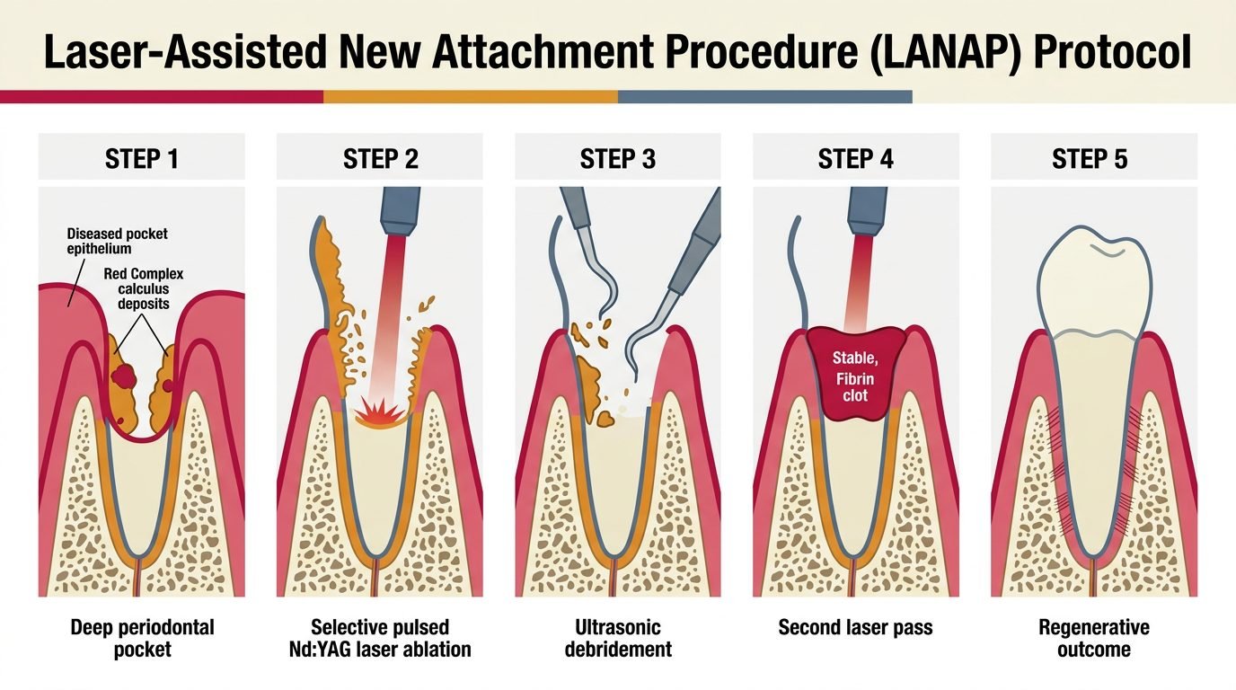 Protocolo cirurgico LANAP, ablacao seletiva por Nd:YAG, estabilizacao por coagulo de fibrina e regeneracao periodontal