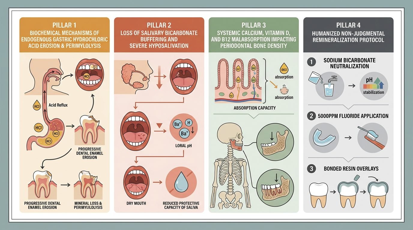 Fisiopatologia da erosao acida pos bariatrica, colapso salivar, desnutricao sistemica e protocolo remineralizador