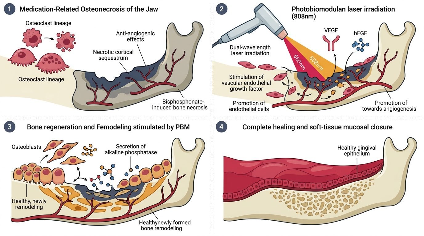 MRONJ pathophysiology, neoangiogenesis, mitochondrial ATP stimulation, and laser bone debridement